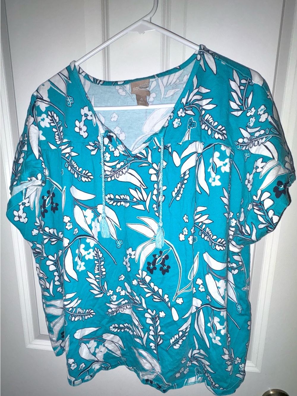 Chico's Teal Floral Tie-Neck Top